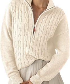 Dokotoo Women's Sweaters 2026 Fall Winter Quarter Zip Casual Ribbed Cable Knit Pullover